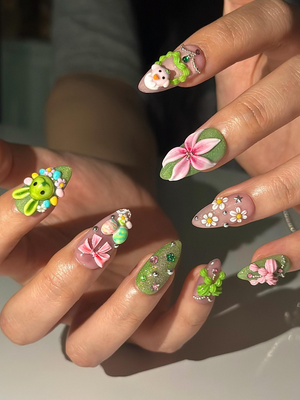 Bunny Garden Press On Nails | 3D Easter Rabbit Nails | Cute Pastel Floral Nails | Kawaii Green Pink Nails | Handmade Press Ons | OB1031HC