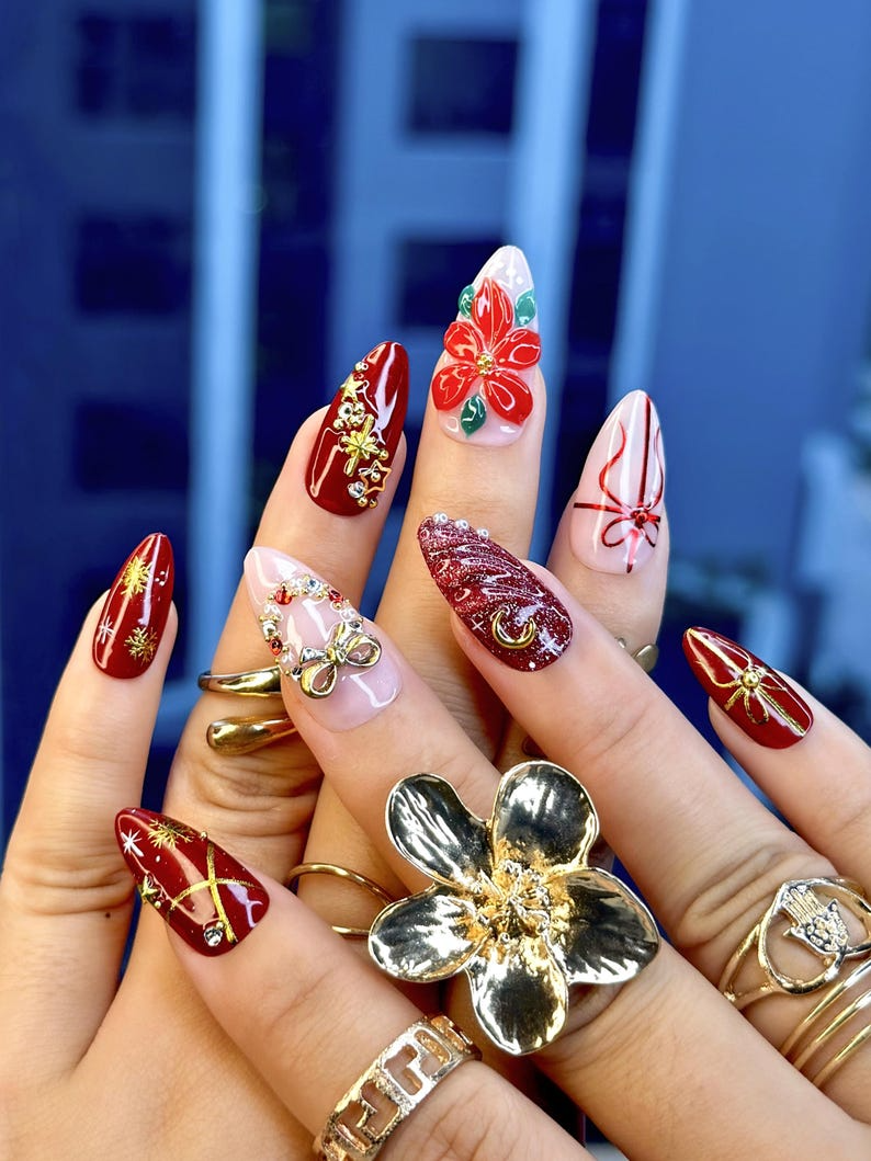 Floral Christmas Press On Nails | Red Gift Bow Nails | Luxury Winter Nail Art | Red Gold Holiday Nail Set | OB213EK
