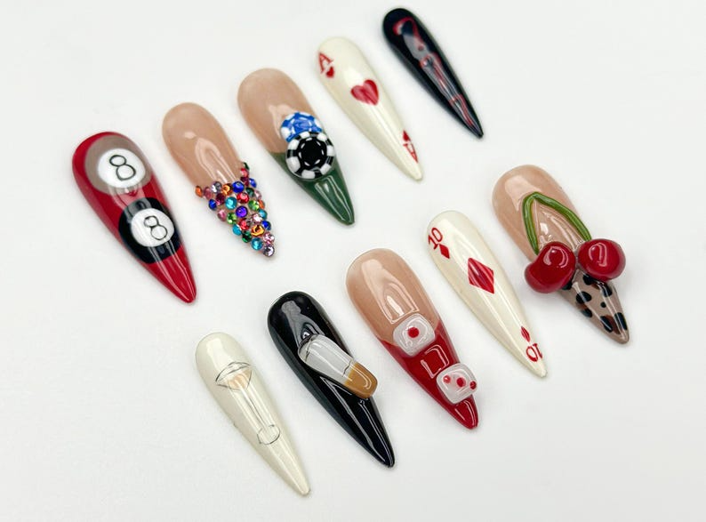 Casino Game Theme Press On Nails | 3D Poker Dice & Martini Nails | Vegas Party Press Ons | Bold Handmade Nail| Vegas Nightlife Nail | OB960H