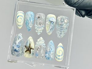 Ocean Theme Press On Nails | 3D Jellyfish & Shell Press Ons | Beach Vibes Fake Nails | Summer Sea Nail Art | Underwater Nails | OB822YC