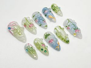 Water Garden Koi Press On Nails | Hand-Painted Koi Fish & Lotus Flowers | Zen Nature Art Nail Set | Calm Pond-Inspired Press Ons | OC798HC