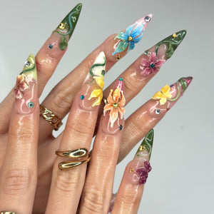 3D Tropical Flower Fairy Press On Nails | Colorful Floral & Green Vine Art | Whimsical Stiletto Design | Summer Festival Wedding | OB90DG