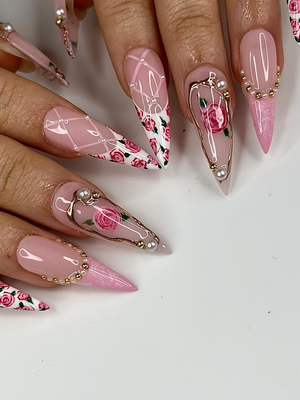 Pink Rose Press On Nails for Bridal | Handmade Rose Flower Nails with Pearls | Elegant Wedding Press Ons | Gold Frame Floral Nails | OB295HC