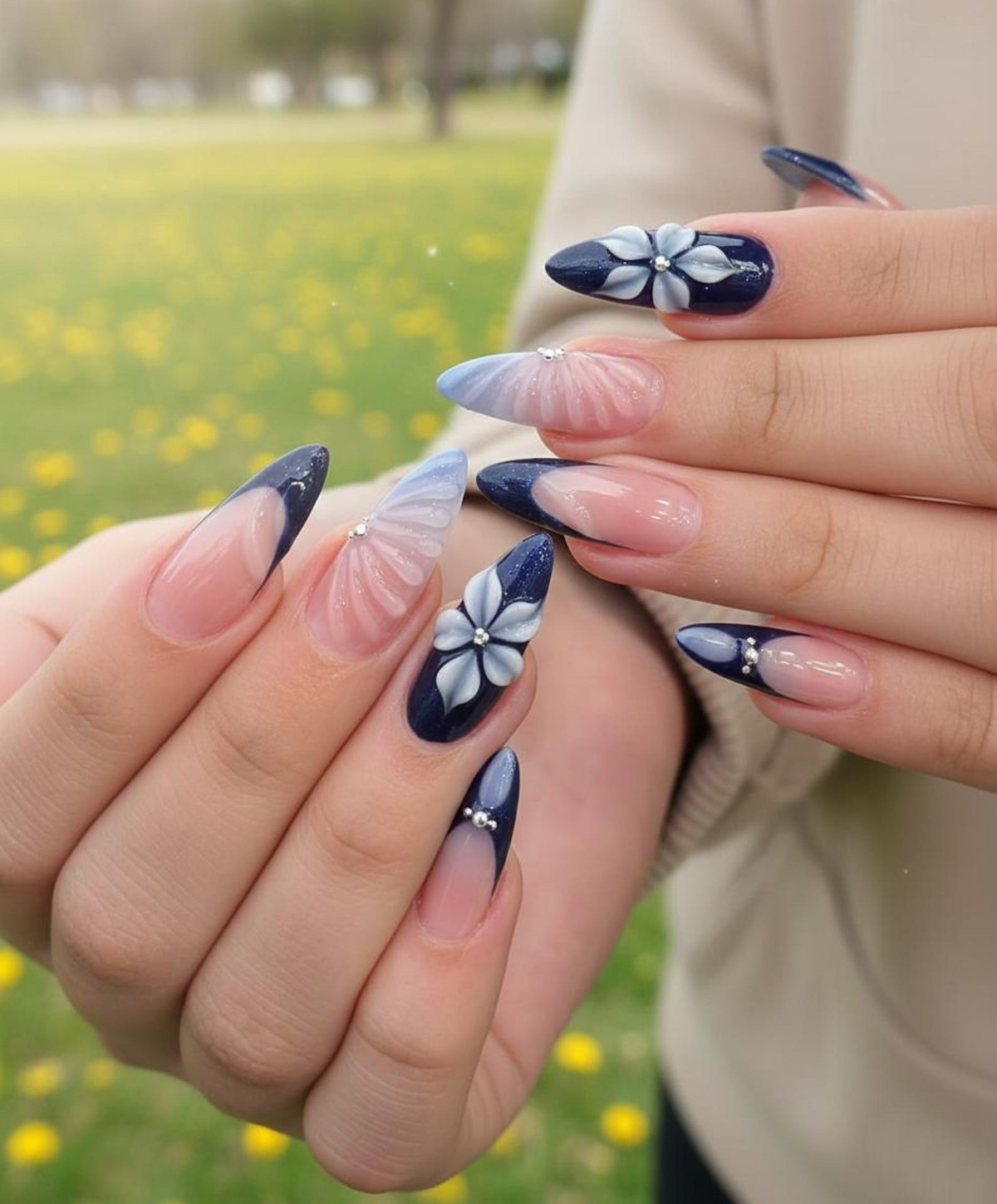 Midnight Blossom Spring Press On Nails | Navy Floral Ombré Nail Art | Luxury Floral Blue Nails Set | Elegant Blush Ombre Nails | OC1240EC