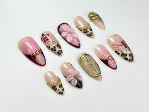 Pink Leopard Glam Press On Nails | 3D Floral & Cheetah Print Nails | Burgundy Gold Accent Nail Set | Handmade Art Press Ons | OC102HC
