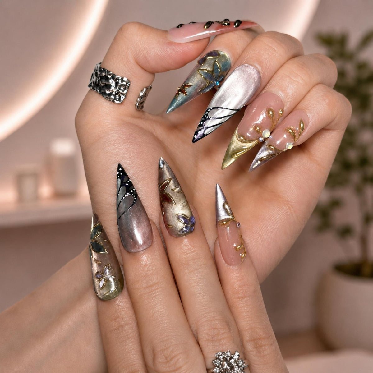 Fairycore Stiletto Press On Nails • Wedding Guest Prom Vibe • 3D Gold Chrome Vine • Butterfly Wing Cat Eye • Whimsigoth Art • OB1363DG