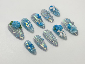 Iridescent Blue Garden Press On Nails | 3D Floral Glitter Nails | Elegant Blue Press On Nails | Handmade Romantic Bridal Set | OB774HC
