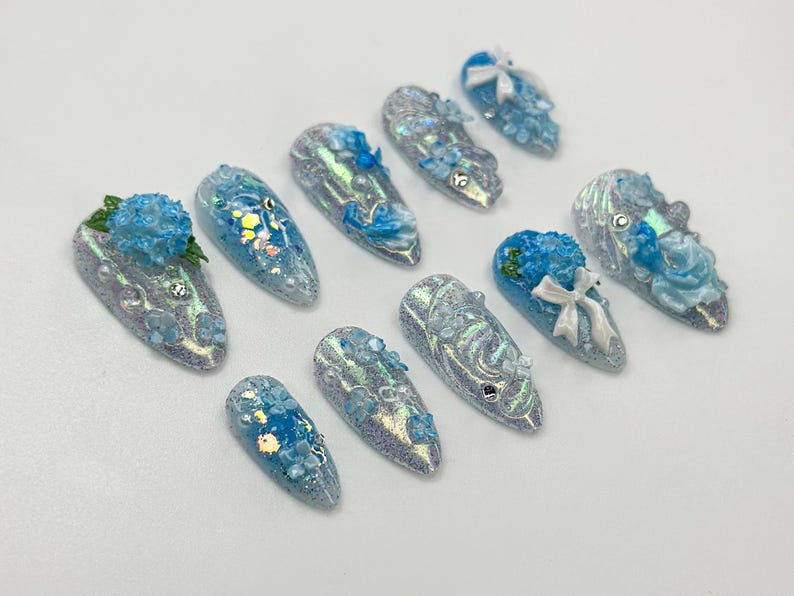 Iridescent Blue Garden Press On Nails | 3D Floral Glitter Nails | Elegant Blue Press On Nails | Handmade Romantic Bridal Set | OB774HC