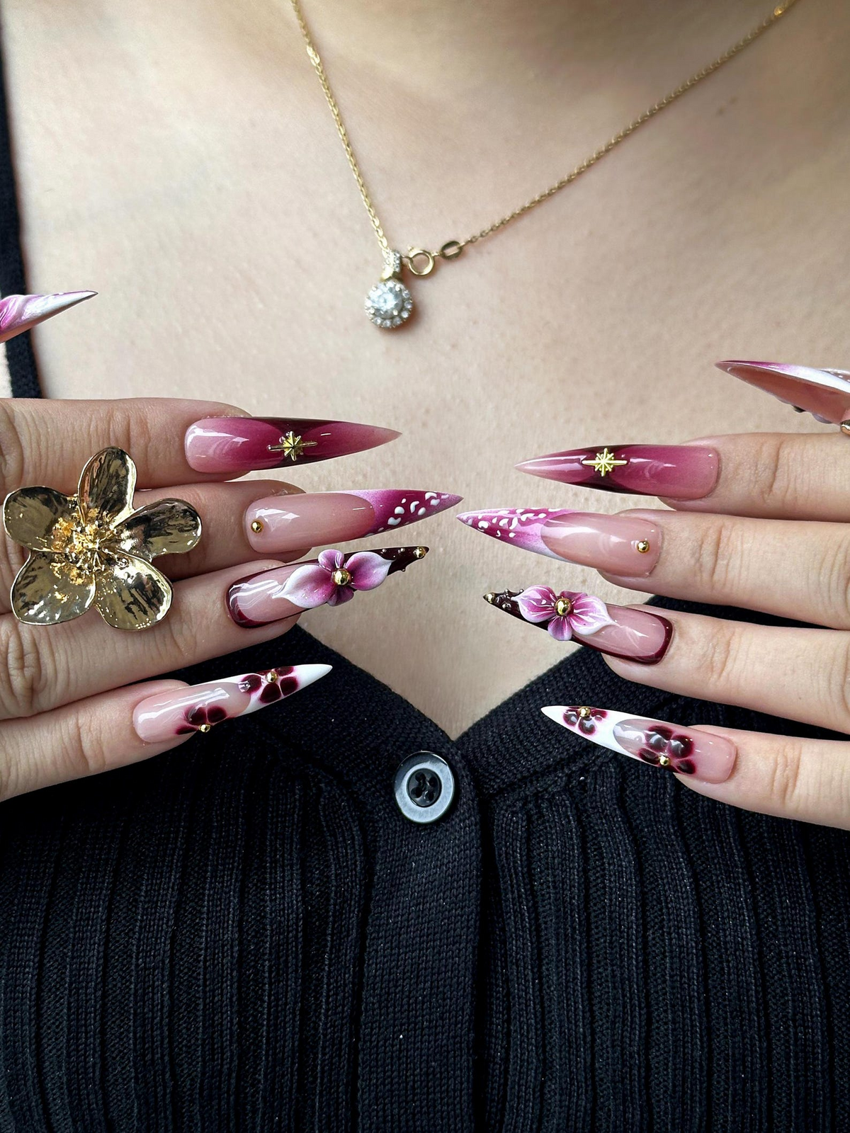 Elegant Floral Press On Nails | 3D Floral Ombre Nails | Burgundy & Pink Gradient Nail Art | Luxury Handmade Press Ons | OC881HC