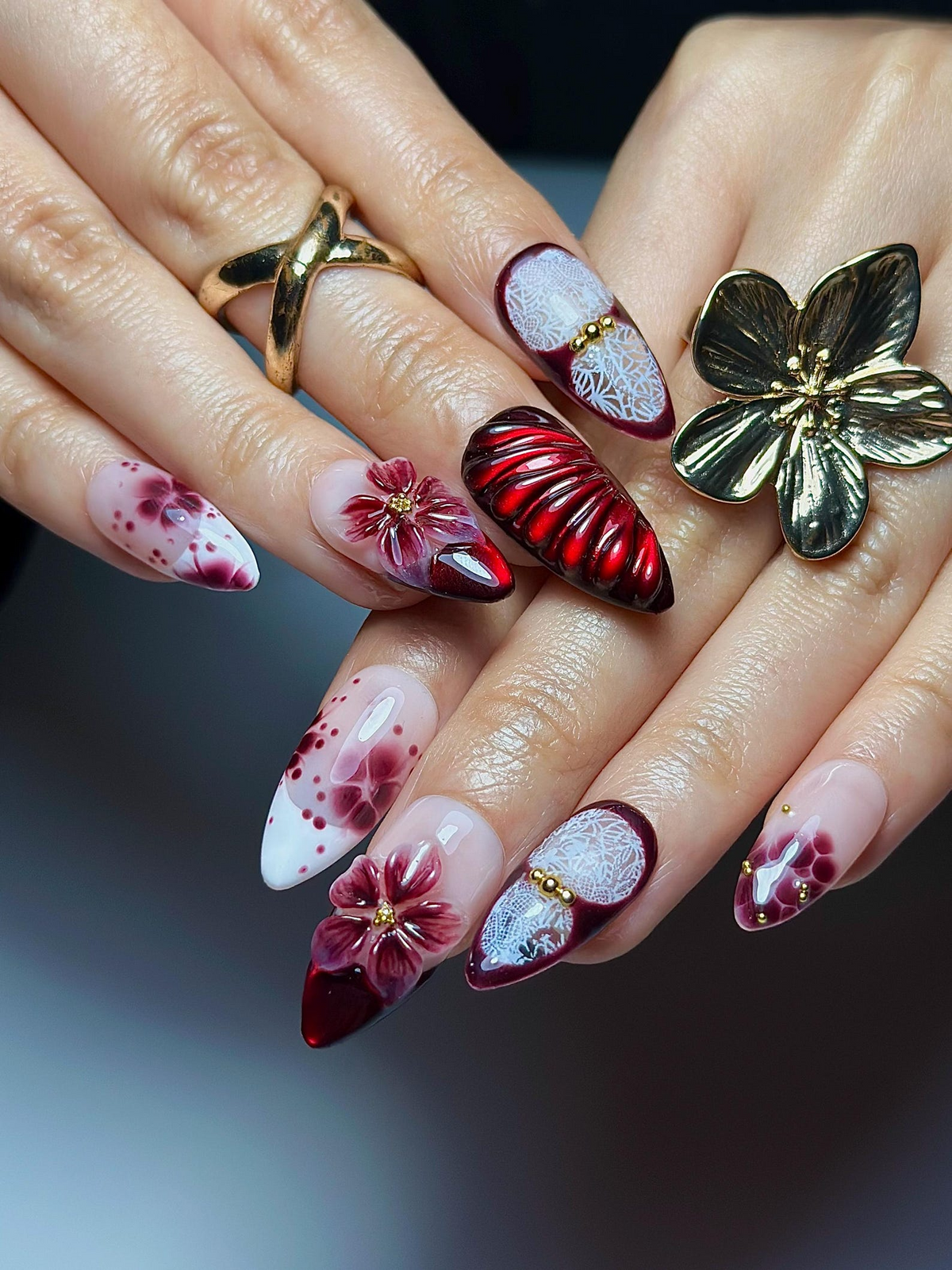 Burgundy Red Floral Press On Nails | 3D Wine Flower Nails | Dark Romantic Nail Art | Elegant Gradient Nails | Luxury Press Ons | OB324HK