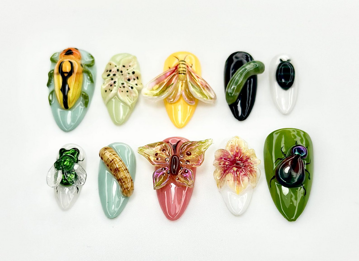 Insect Garden Fantasy Press On Nails | 3D Bug & Butterfly Nail Art | Botanical Nature Nails | Handpainted Cicada Bee Beetle Design | OB922EK