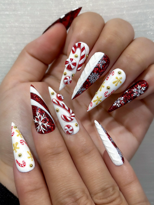 Red Glitter Christmas Press On Nails | Nails | Candy Cane Christmas Nail Art | Holiday Stiletto Nail Art | Luxury Festive Press Ons|OB1210EC