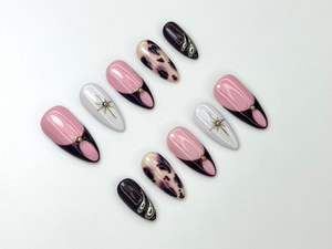 Pink Noir Star Press On Nails | Chic French Tip Nail Art | Leopard Accent Nails | Elegant Handmade Nail Set | OC1120BC