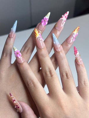 2026 Festival Trend: Hibiscus Tropical Nails | Sunset Glow Pink &Orange Ombre Nails|Flower Press Ons |Water Drop Summer Vacay Nails| OB364IC