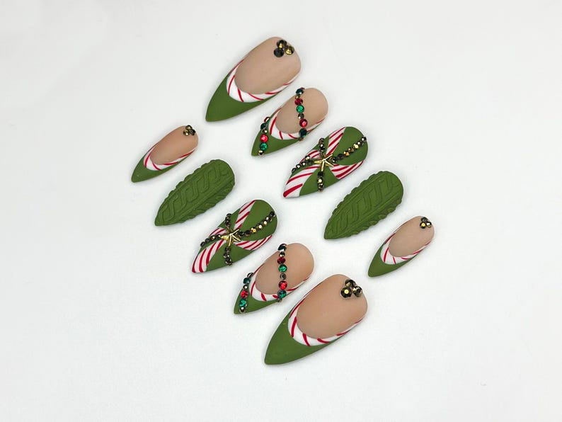 Christmas Press On Nails | Green Holiday Nails | Festive Long Nails | Christmas Gift | Party Nails| OB1189BC