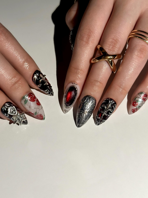Gothic Rose Black Press On Nails | Dark Red Black Luxury Nail Art | Baroque Armor Stiletto Nails | Handmade Gothic Statement Nails| OB1286EC