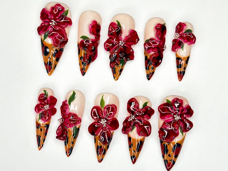 Tropical Orchid Fall Press On Nails | Handmade Floral Nail Art | Elegant Floral Press Ons |Elegant Orchid Nail| Leopard Print Nails| OB179HC