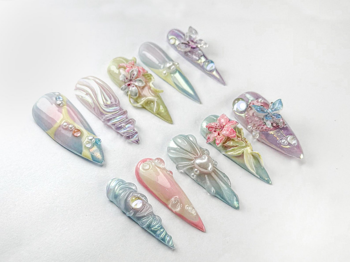 Fairycore Pastel Press-On Nails | Pastel Nature-Inspired Nail | Dreamy Iridescent Design | Butterfly 3D Nail Art | Nature-Inspired | OB730HK