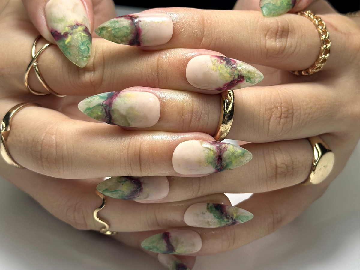 Mystic Jade Marble Press On Nails | Natural Stone-Inspired Nail Art | Elegant Green & Burgundy Veins | Unique Gemstone Press Ons | OB1059EC