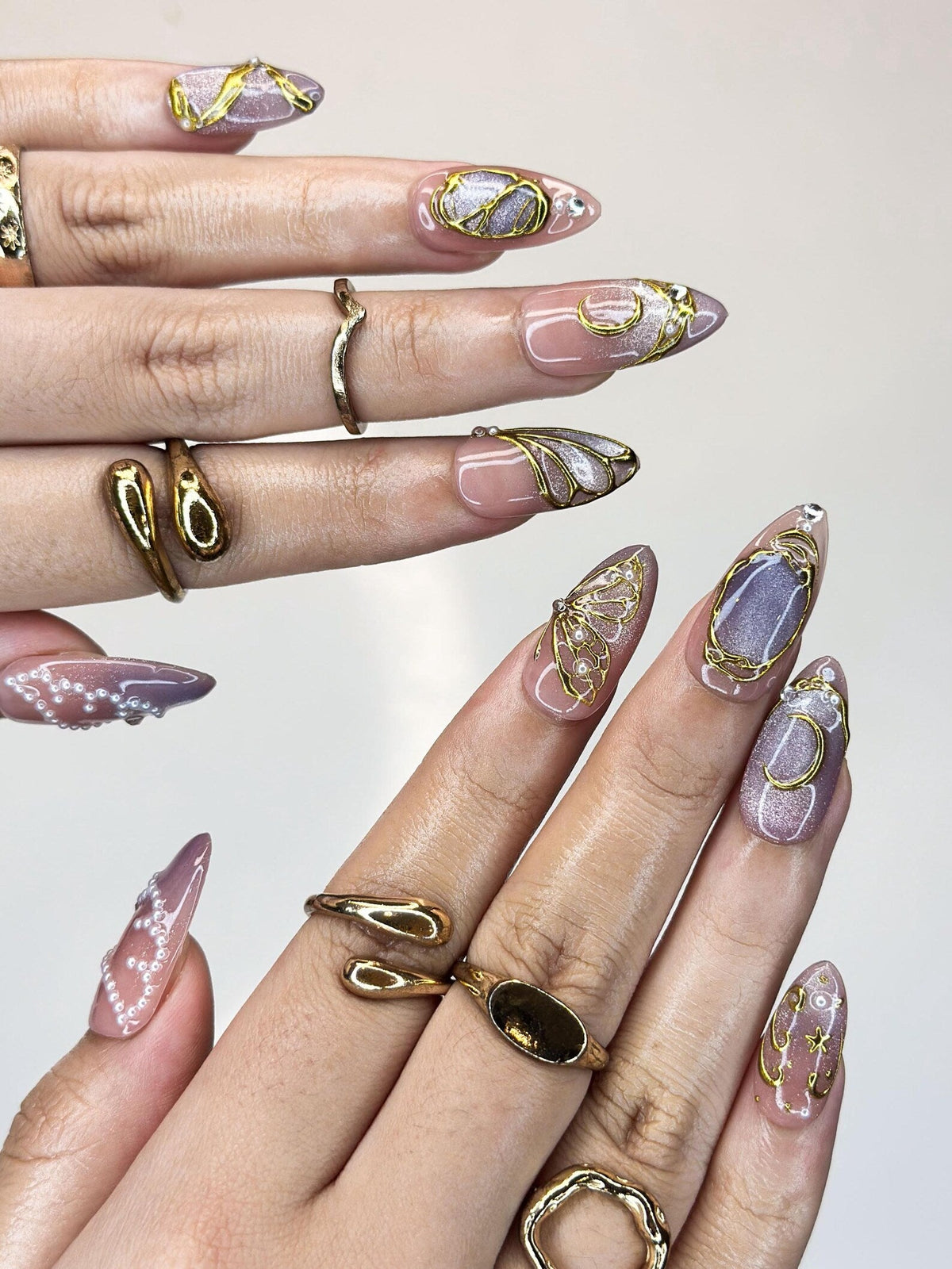Luxury Purple Cat-Eye Nails | 3D Golden Butterfly & Moon Press Ons | Mystic Celestial Pearl Stiletto Art | Fairy Nails | OB1339IK