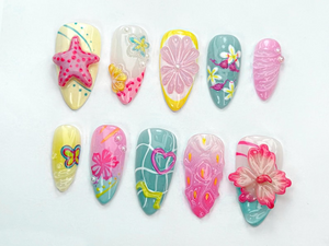 Tropical Summer Press-On Nails | Bright Pink & Yellow Nail Art | Summer Inspired Nail Design | Cute Beach Nail Set | Tropical Vibes |OB738HC