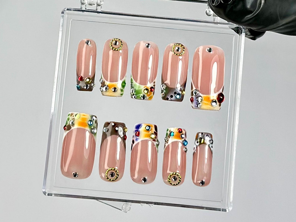 Glam Rhinestone Press On Nails by Dorynails | Nude & Colorful Gem Nail Set |Nude with Sparkle Gems Nail Art |French Tips Fake Nails|OC789YK