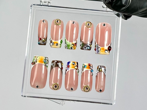 Glam Rhinestone Press On Nails by Dorynails | Nude & Colorful Gem Nail Set |Nude with Sparkle Gems Nail Art |French Tips Fake Nails|OC789YK