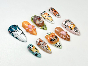 Whimsical Cartoon Kitty Press On Nails | 3D Cat Paw & Animal Faces | Cute Cartoon Pet Press Ons | Handmade Kawaii Nail Set | OB953H