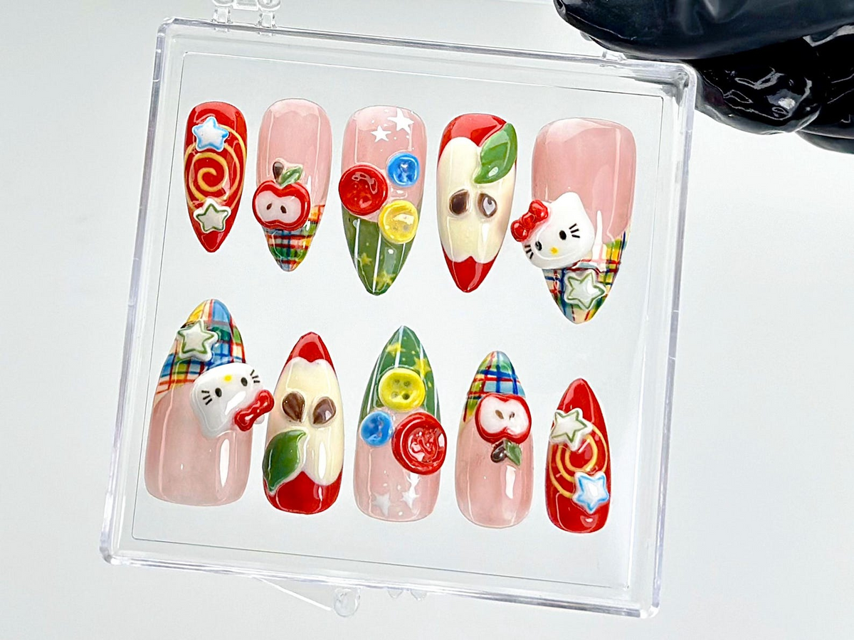 Hello Kitty Apple Press On Nails | Kawaii Cartoon Fake Nails | Fun 3D Fruit Nail Art | Playful Japanese Nails | Kawaii Nails | OB904YK