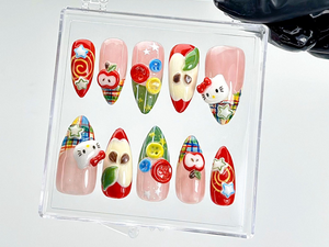 Hello Kitty Apple Press On Nails | Kawaii Cartoon Fake Nails | Fun 3D Fruit Nail Art | Playful Japanese Nails | Kawaii Nails | OB904YK