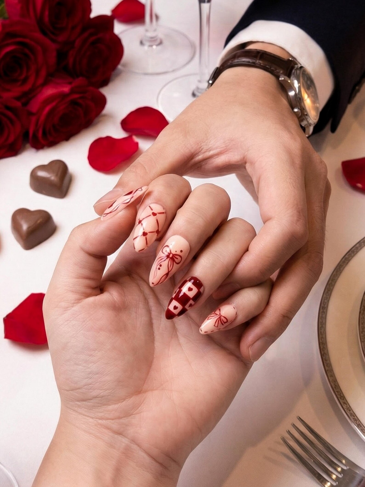 Sweetheart Bow Valentine Press On Nails | Heart Ribbon Romantic Nail Art | Red Gingham Love Nails | Cute Romantic Nail Set | OB274EC