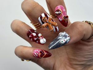 Gingerbread Red Christmas Press On Nails | 3D Christmas Cookie Nail | Peppermint & Snowman Holiday Nails| Red Glitter Festive Nails |OB216HC