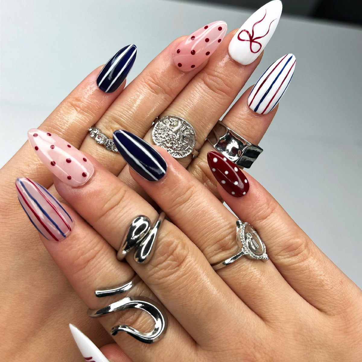 4th of July Press On Nails | Red White Blue Coquette Nails | Patriotic Almond Nails | USA Flag Summer BBQ Nails | Americana Nails | OB399LK