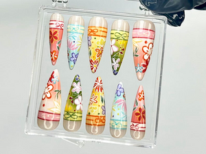 Kimono-Inspired Press On Nails | Japanese Floral Fake Nails | Japanese Kimono Nail Art | Traditional Bright Floral Press Ons | OB917YK