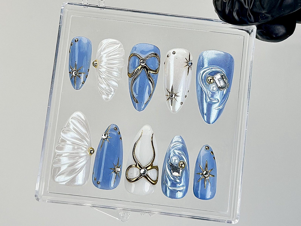 Blue Pearl Star Press On Nails | 3D Bow & Star Design Fake Nails | 3D Bow Star Nail Art | Handmade Artistic Press Ons |Luxury Nails |OC875YK