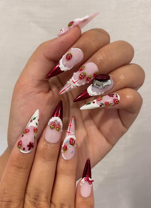 Strawberry  Press On Nails For Christmas  | 3D Strawberry & Whipped Cream Nail Art | Cute Festive Press Ons| Sweet Winter Nail Design| OC226HC