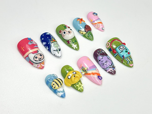 Adventure Time Cute Press On Nails | 3D Cartoon Characters & Bee Accents | Handmade Pop Culture Nail Art | Cute Animation Nail Set | OB116HC