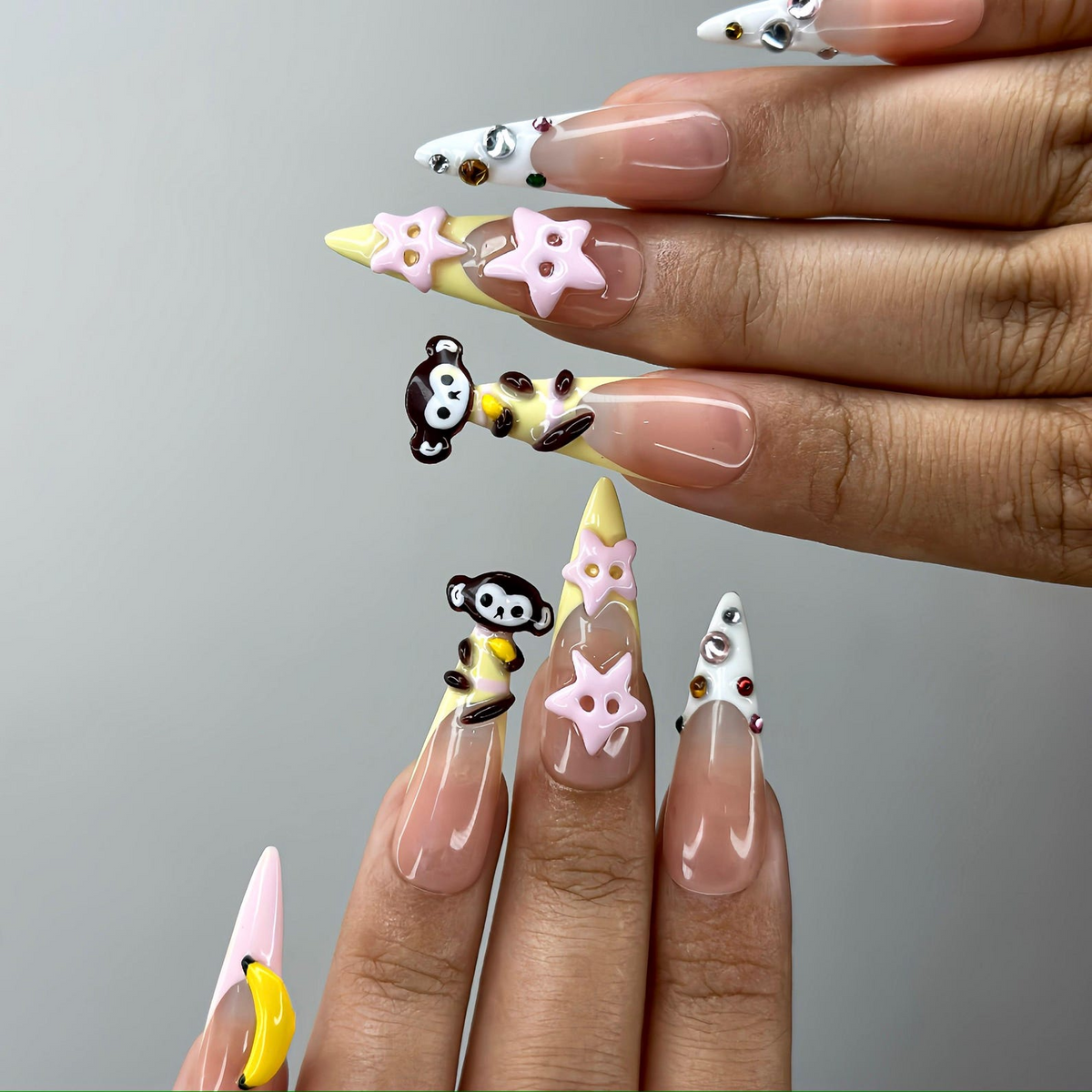 3D Monkey Banana Press On Nails | Cute Pink Star & Fruit Fake Nails | Kawaii Handmade Nail Art | Playful Cute Nails | Cartoon Nails |OB255YC