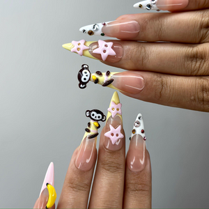 3D Monkey Banana Press On Nails | Cute Pink Star & Fruit Fake Nails | Kawaii Handmade Nail Art | Playful Cute Nails | Cartoon Nails |OB255YC