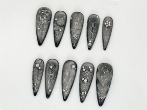 Elegant Silver Gothic Press-On Nails | Intricate Butterfly and Rose Silver Nails | Luxury Silver Gothic | Butterfly & Rose Design | OC630LC