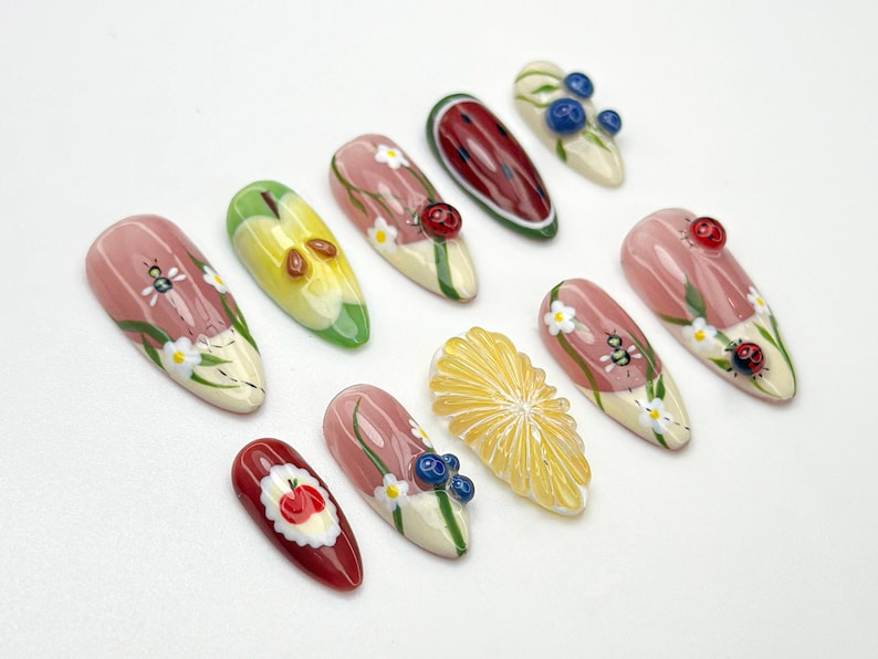Garden Picnic Press On Nails | Fruit & Floral Summer Nail Art | 3D Ladybug And Lemon Nails | Handmade Berry Picnic Nail Tips | OC799HK