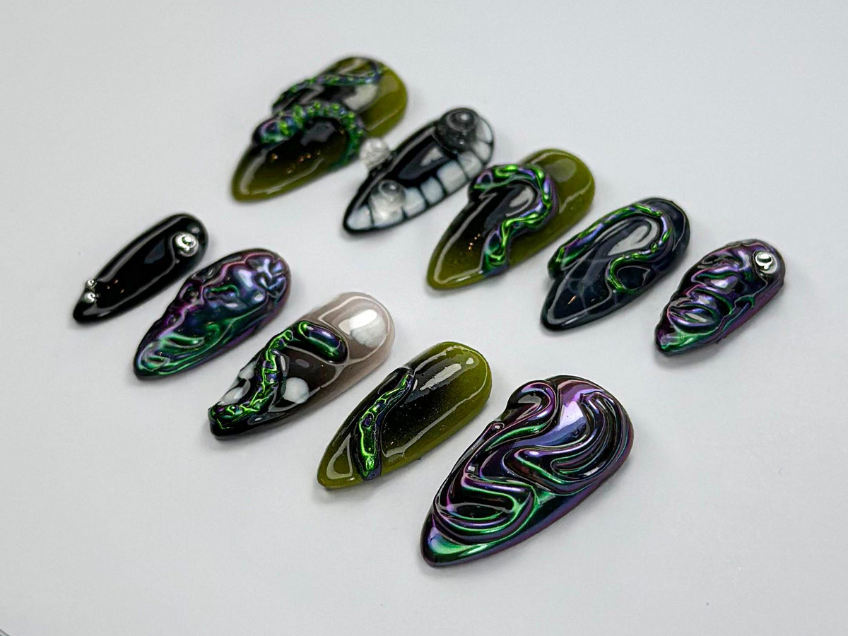 Gothic Chrome Snake Press-On Nails | Reptilian Inspired Nail Design | Dark Gothic Nail Art | 3D Snake Nails | Black Green Nails | OB733HC