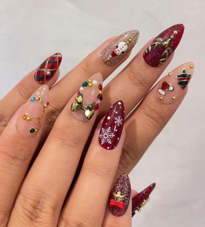 Luxe Christmas Press On Nails | Red Green Gold Christmas Nails | 3D Bow & Bell Nail Art | Festive Winter Press Ons | Christmas Set| OB1208H
