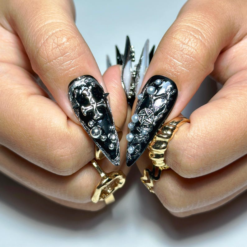 Black Gothic Press On Nails | Dark Alternative Nail Art | 3D Cross Nail Art with Pearls | Punk Fake Nails | Punk Rock Press Ons | OC194YP