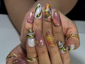 Aurora Gold Swirl Press On Nails | Holographic Iridescent Shell Nails | 3D Gold Chrome Accent Tips | Almond Shape Artistic Nails | OC1007EC