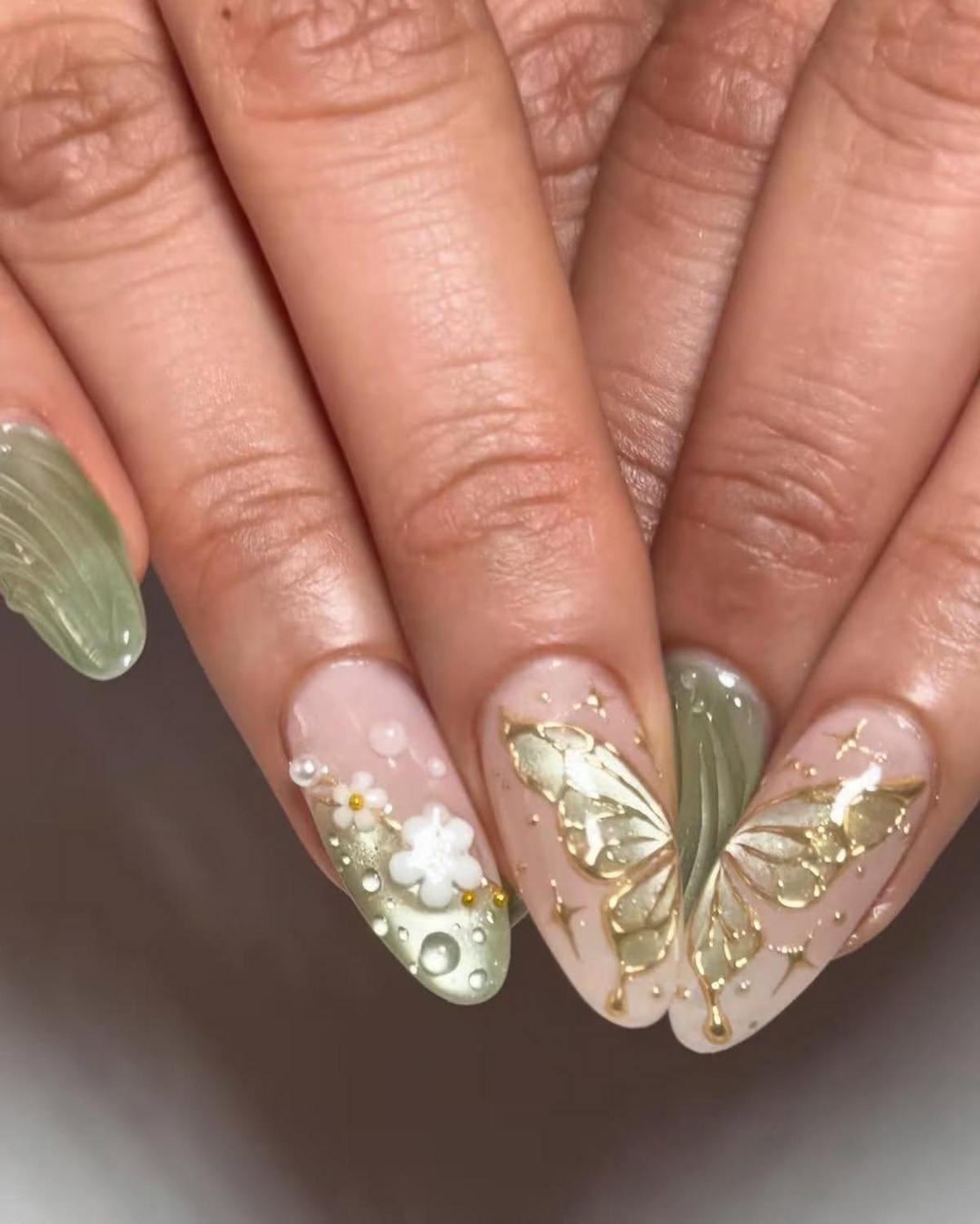 Jade Green Floral Press On Nails | Elegant Floral Nail Art | Zen Nature Press Ons | Nude Floral Butterfly Nails | Handmade 3D Nail | OB781HC