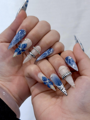 Blue Marble Blossom Press On Nails for Spring Blue | Handmade Nude & Sapphire Nails with Floral Art | Elegant Stiletto Nail Design |OB2890EC