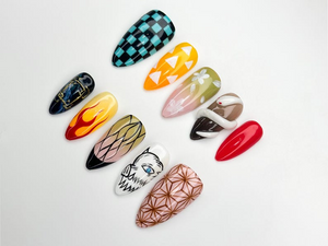 Demon Slayer Anime Press On Nails | Cosplay Character Nail Art | Flame Snake Nail Set | Caro Geometric Press Ons |OC1111BK