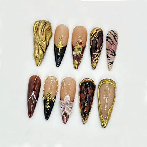 Glamorous Golden Press On Nails | Tortoise Shell And Gold Accents | Handcrafted Luxury Nails | Elegant Handmade Set | OB573HK