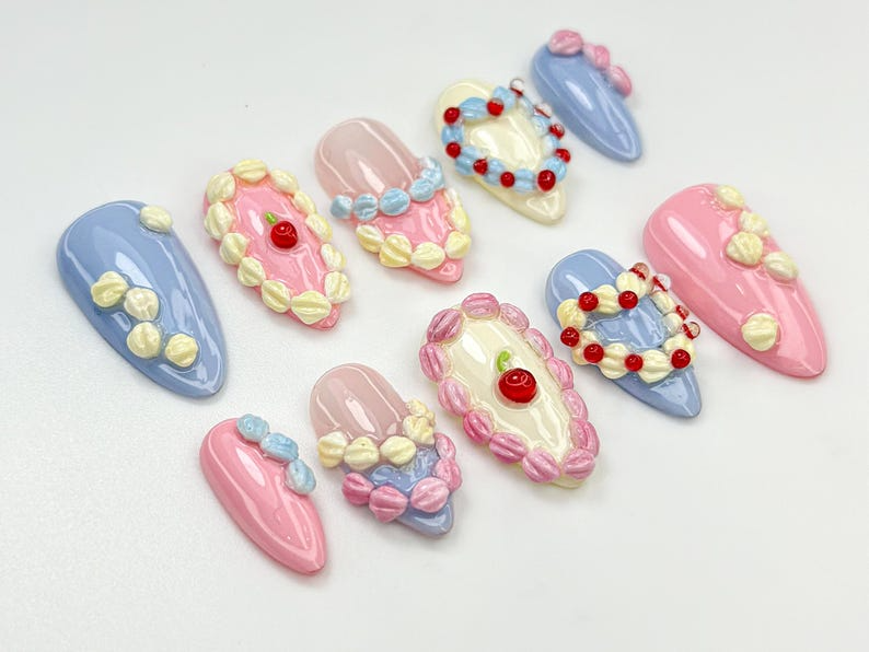 Pastel Birthday Party Press On Nails |Sweet Dessert-Inspired Nails | 3D Pastel Icing & Cream Nail Art | Handmade Birthday Nails | OB808HC